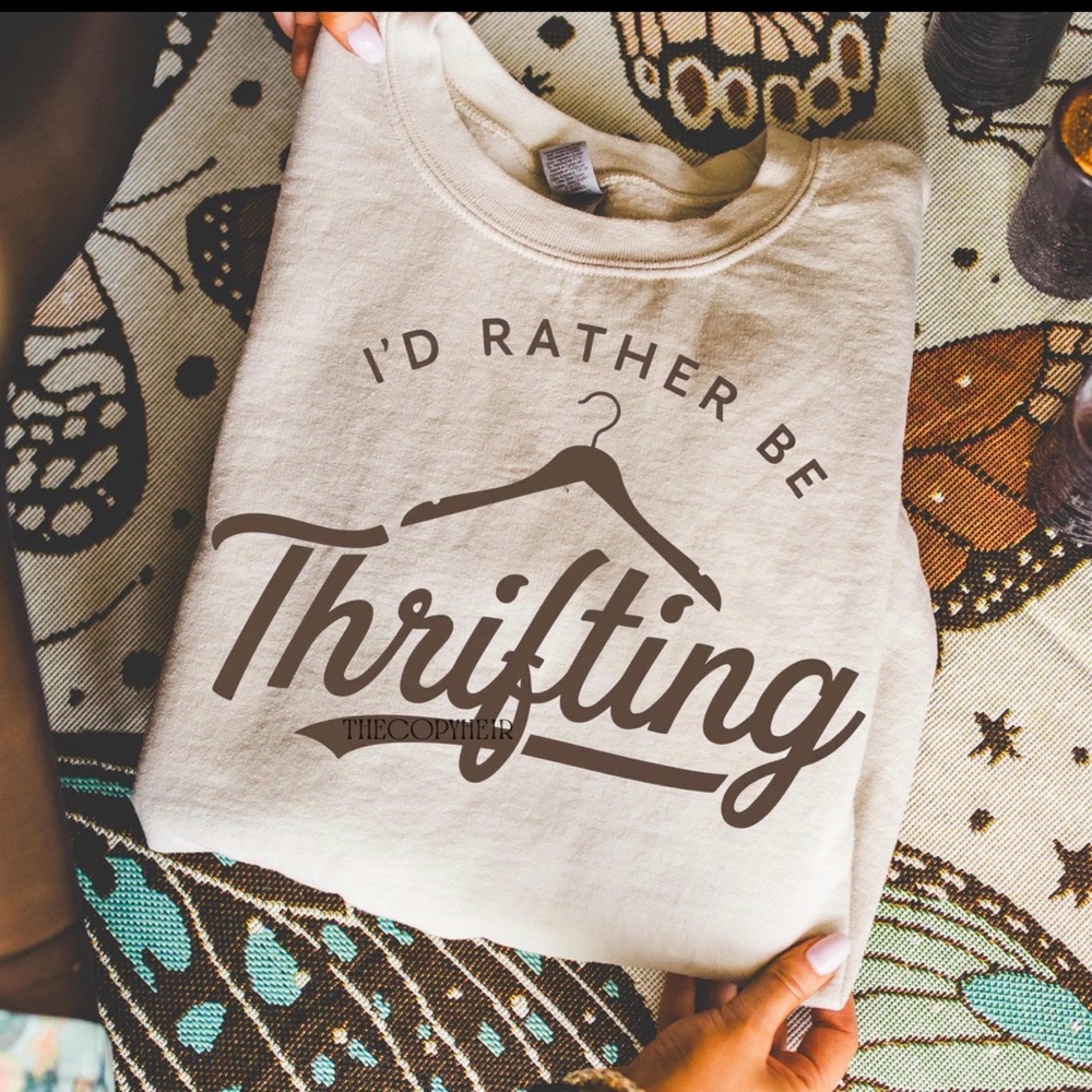 Gildan Cream Sweatshirt Id rather be thrifting with Brown Print